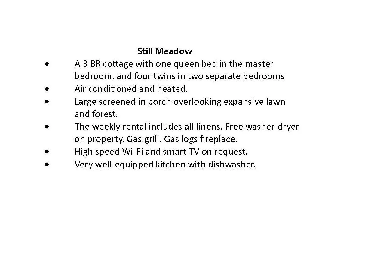 Text description of a rental property listing for Still Meadow, a cottage with three bedrooms, queen bed, two bathrooms, air conditioning, porch, lawn, gas grill, fireplace, Wi-Fi, smart TV, and kitchen with dishwasher.
