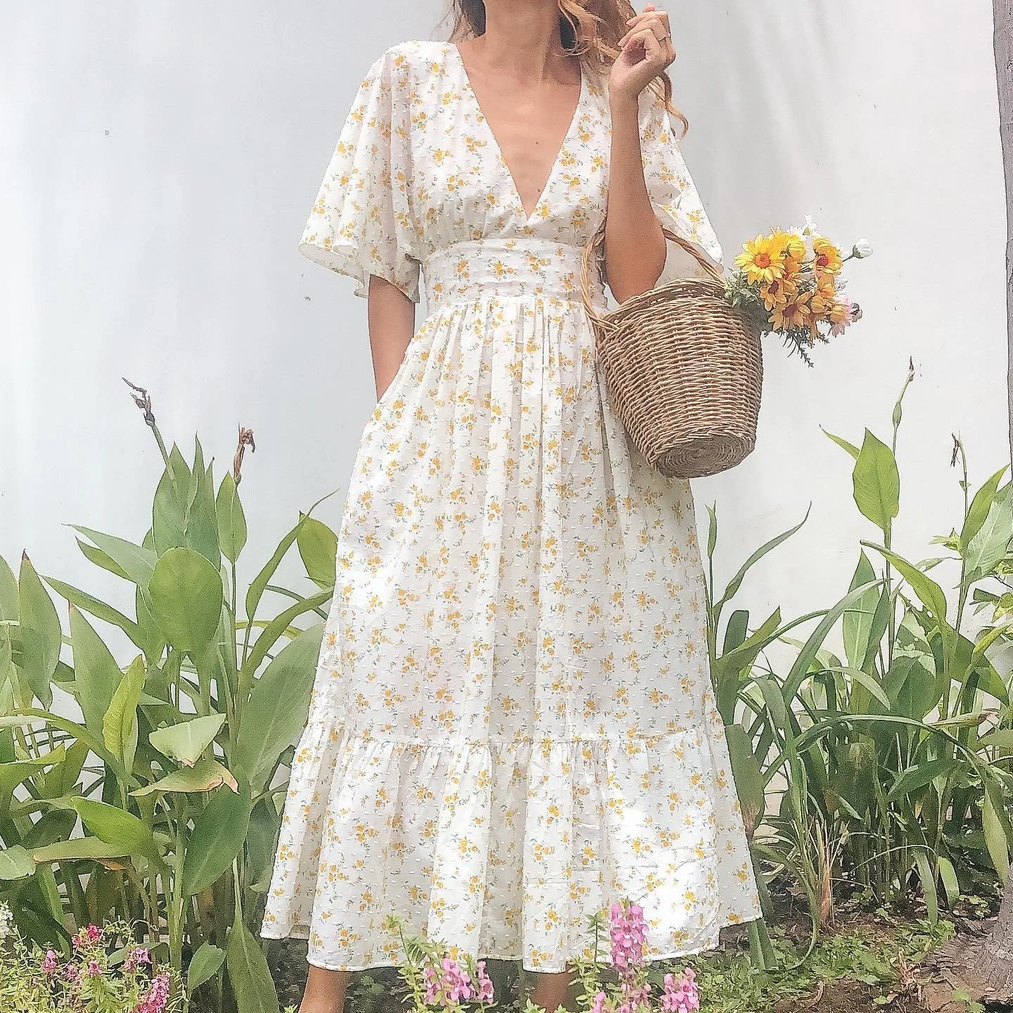 DIY Cottagecore Maxi dress | Butterfly sleeve, Deep V-Neck, Open back, Midi length | Sewing tutorial [+ Free Pattern]