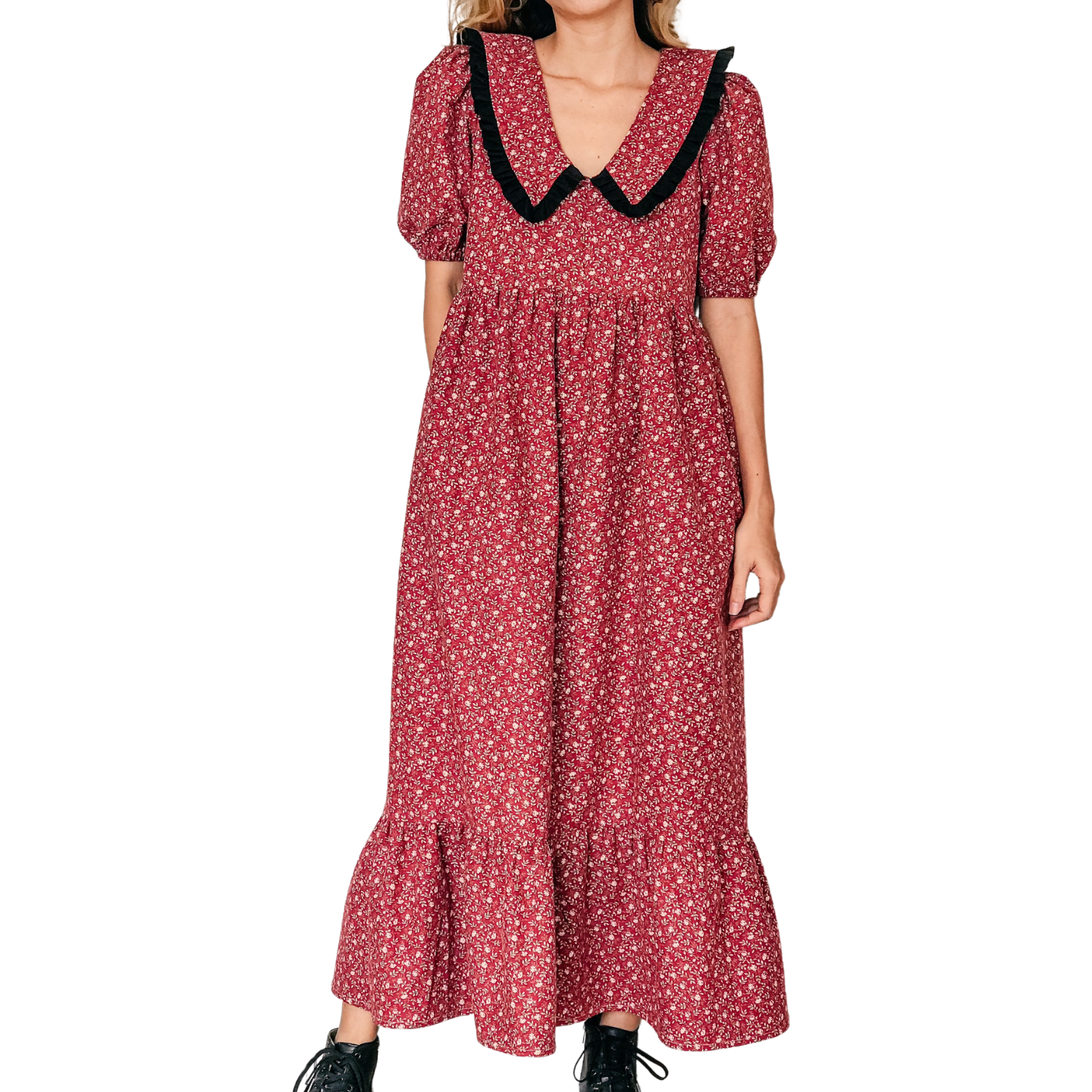 DIY Puff sleeve ruffle collar dress with ruffle hem - Step by step sewing tutorial