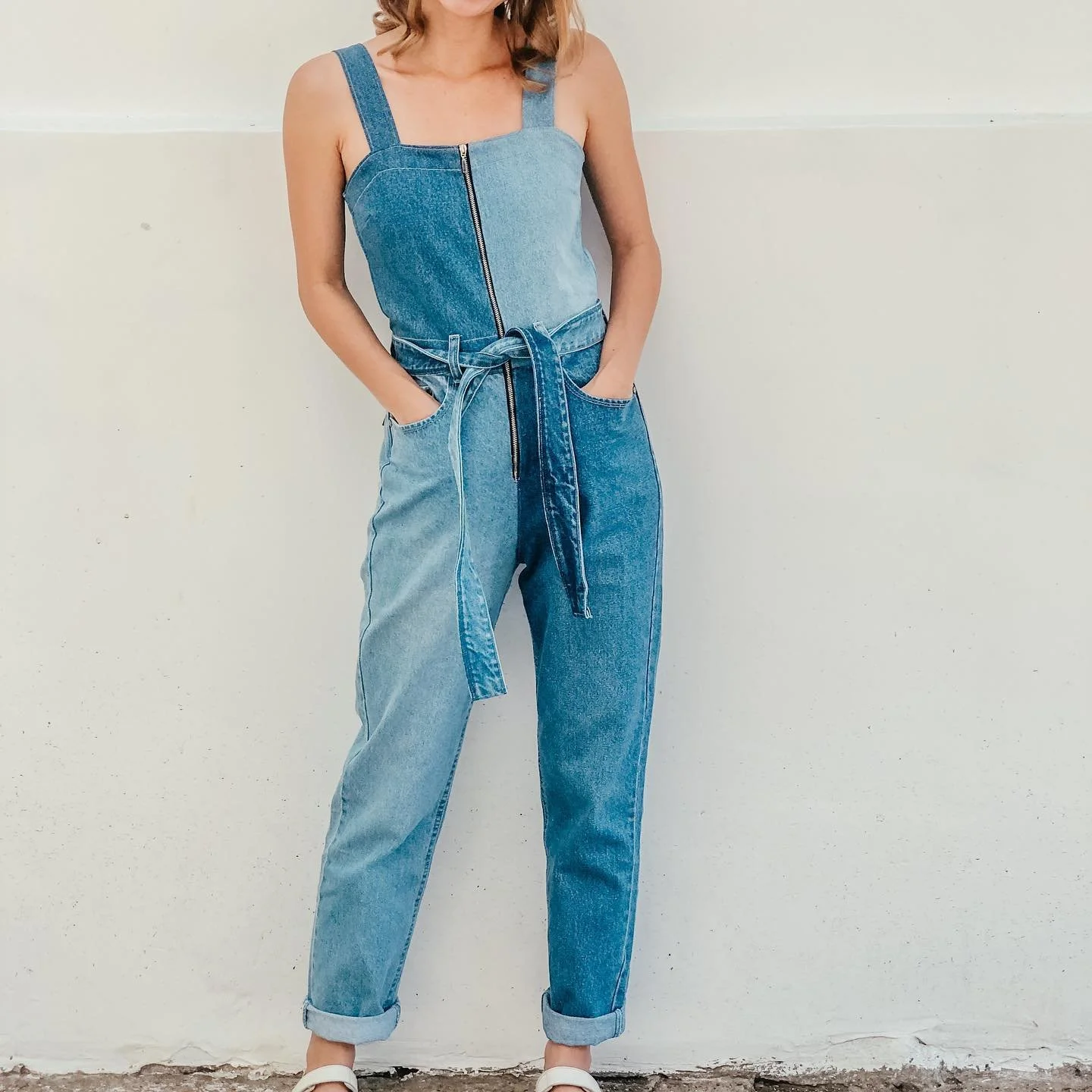DIY Denim patchwork jumpsuit from Men's jeans - Jeans transformation idea