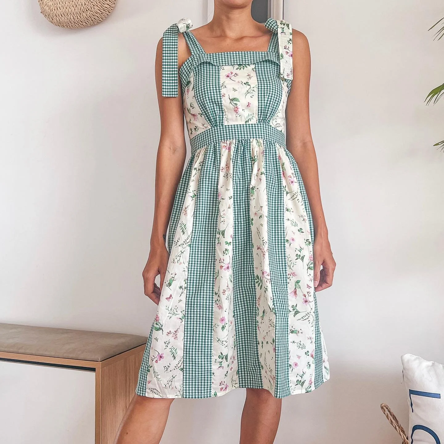 DIY Stripe patchwork dress from 2 leftover fabrics | Step by step sewing tutorial