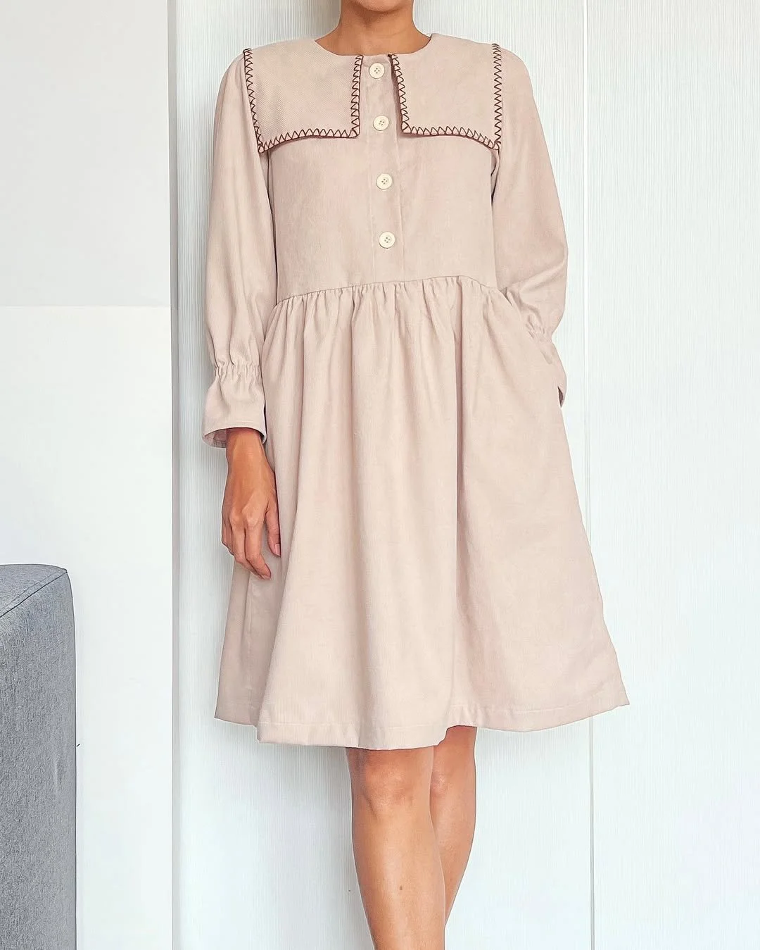DIY Babydoll dress (Long sleeve, big square collar, button front, side pocket) | Sewing tutorial