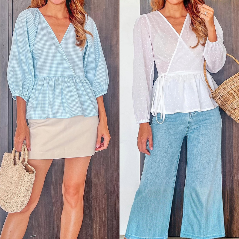 DIY Long puffy sleeve blouse with ruffle hem and wrap style | Sewing tutorial with pattern making