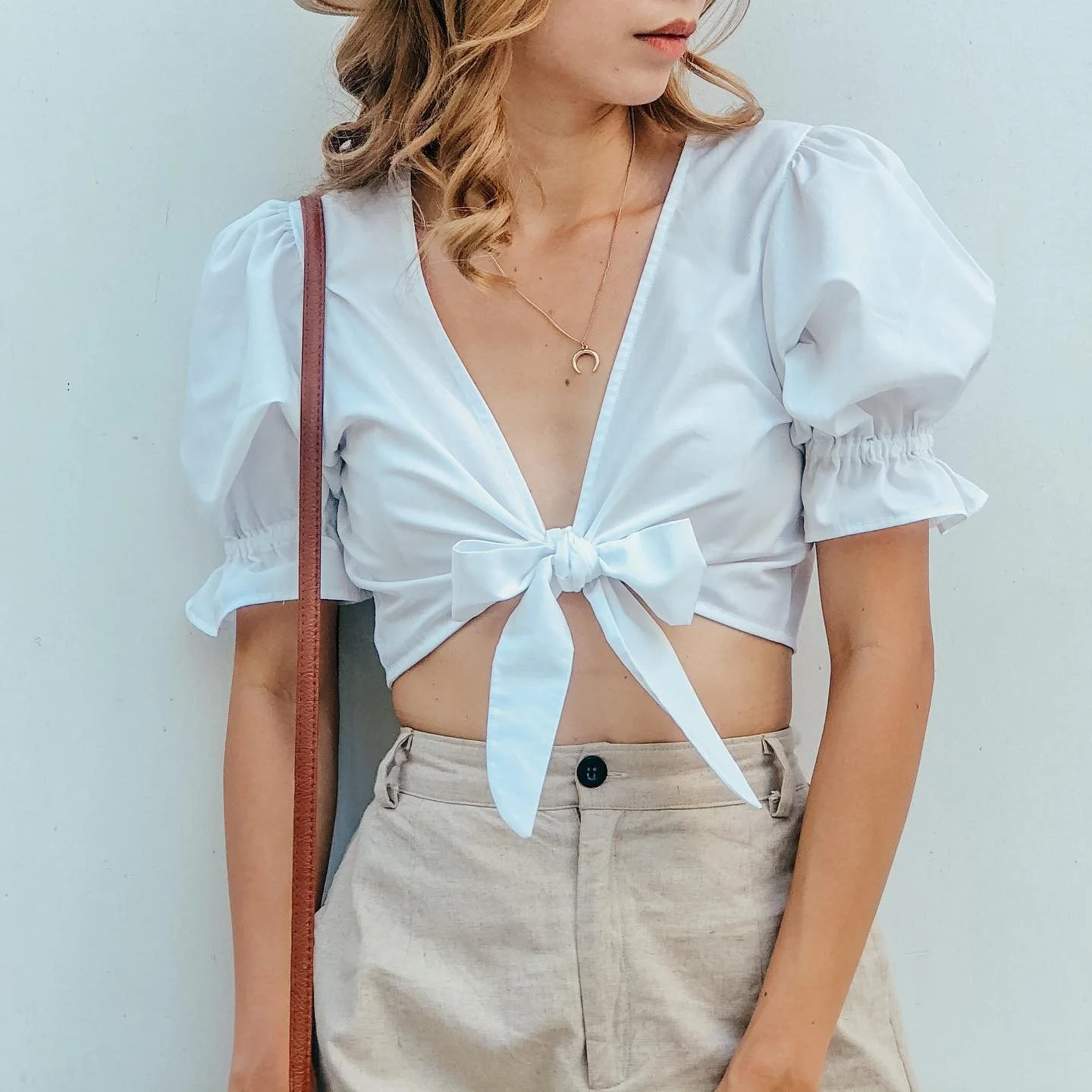 DIY Puff sleeve tie front crop top from Men's shirt - Men's shirt refashion idea