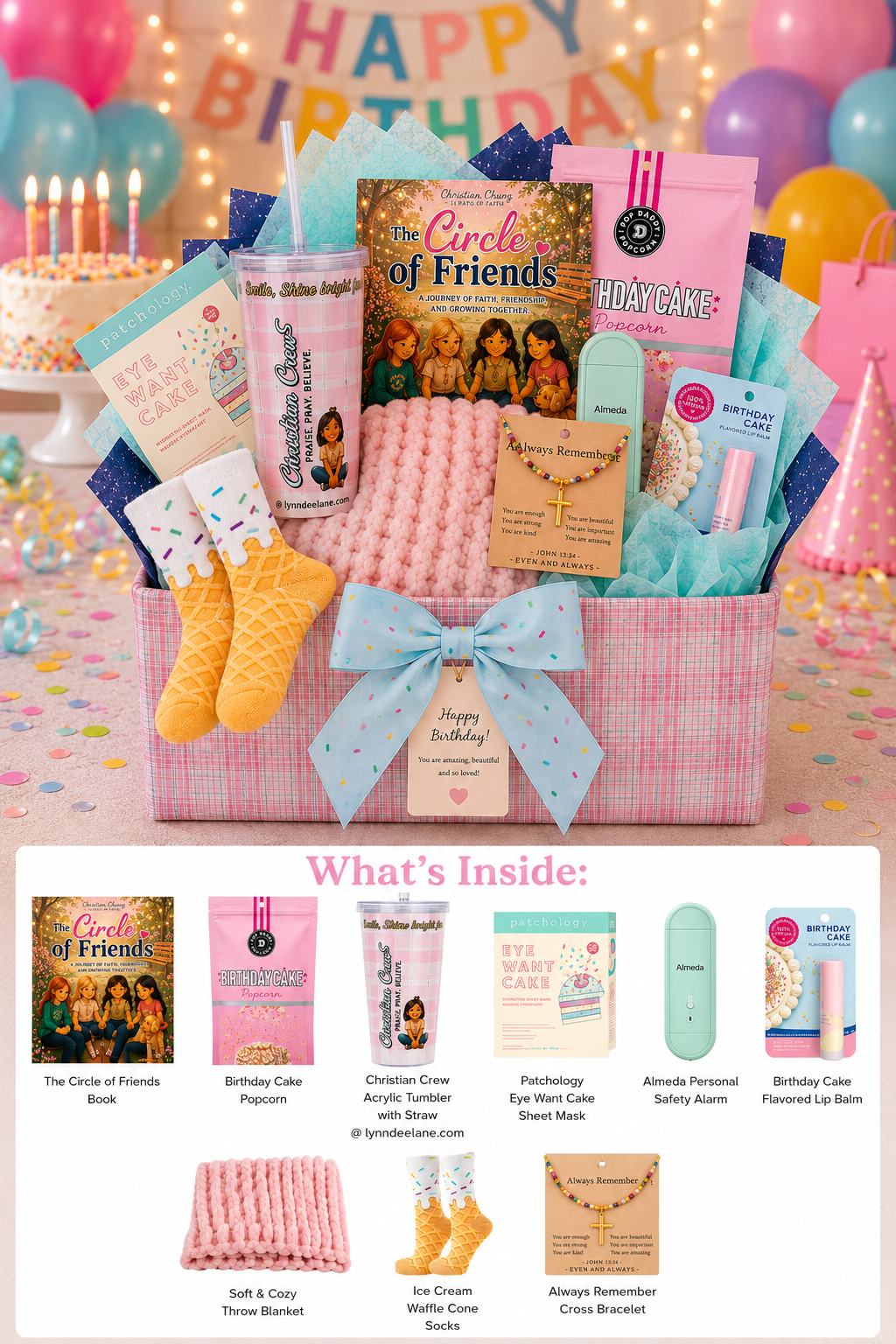 A birthday gift basket filled with books, snacks, a safety alarm, lip balm, socks, a blanket, and jewelry, surrounded by colorful balloons and confetti, with a 'Happy Birthday' banner in the background.