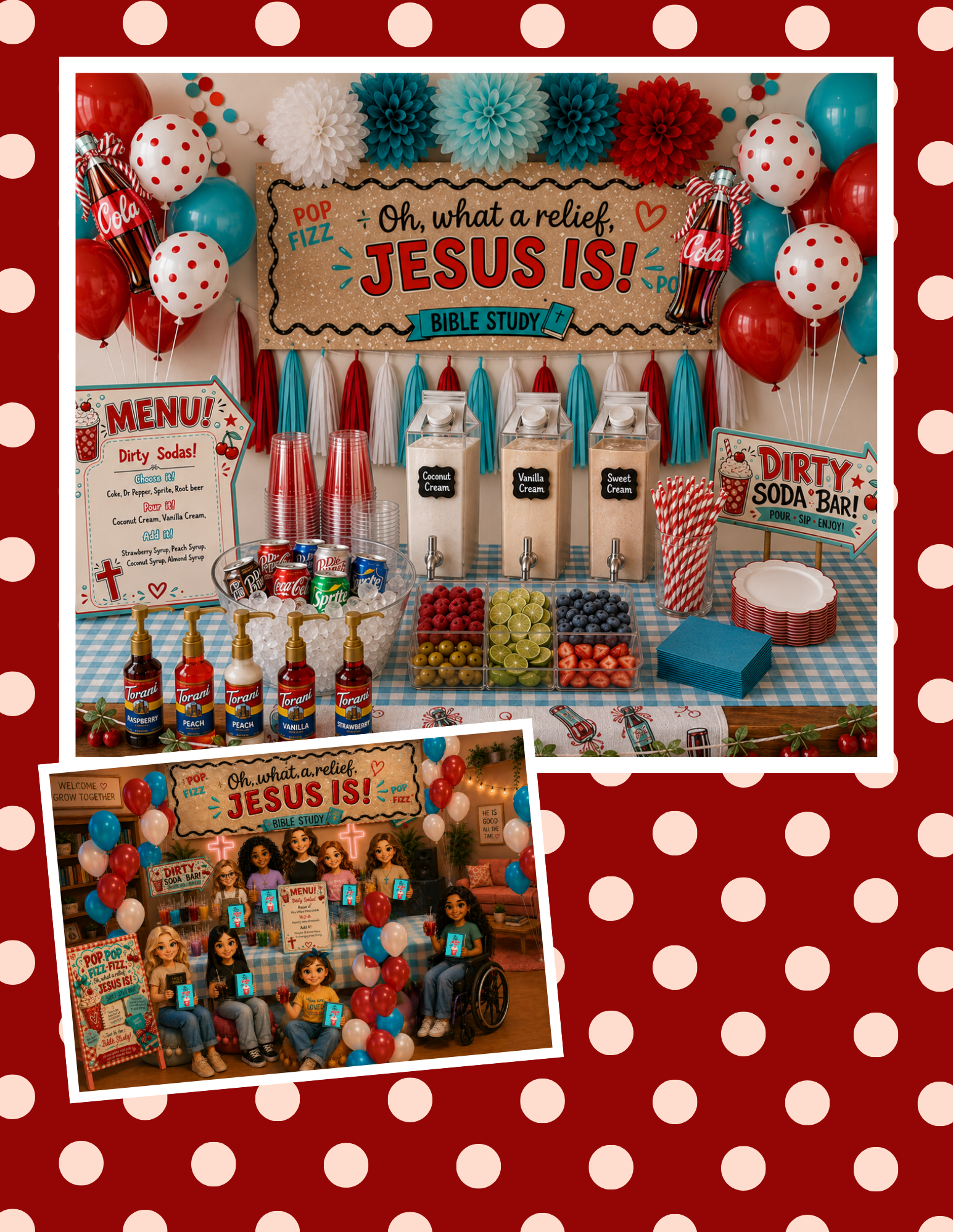A festive church event with a decorated table offering various soda drinks and treats, featuring a bold banner stating 'Oh, what a relief, JESUS IS!', surrounded by balloons, paper pom-poms, and signs promoting Bible study and a soda bar.