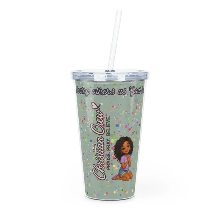 A teal-colored tumbler with a lid and straw, featuring a cartoon girl praying, surrounded by colorful confetti, and text that reads 'Christain Queen' and 'Praise, Pray, Believe'.