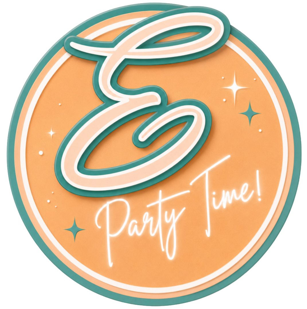 A round sign with a peach background and neon-style text that says 'Party Time!' and a large cursive 'E'. Small star and sparkle accents decorate the sign.