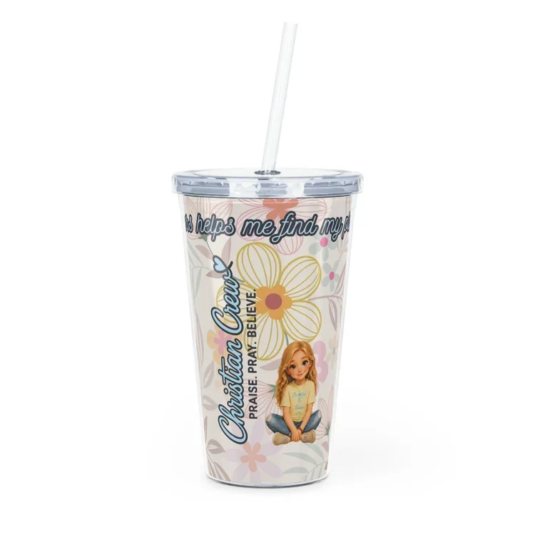 A plastic tumbler with a lid and straw, featuring a graphic of a girl sitting cross-legged, with floral and personality-themed text on a white background.