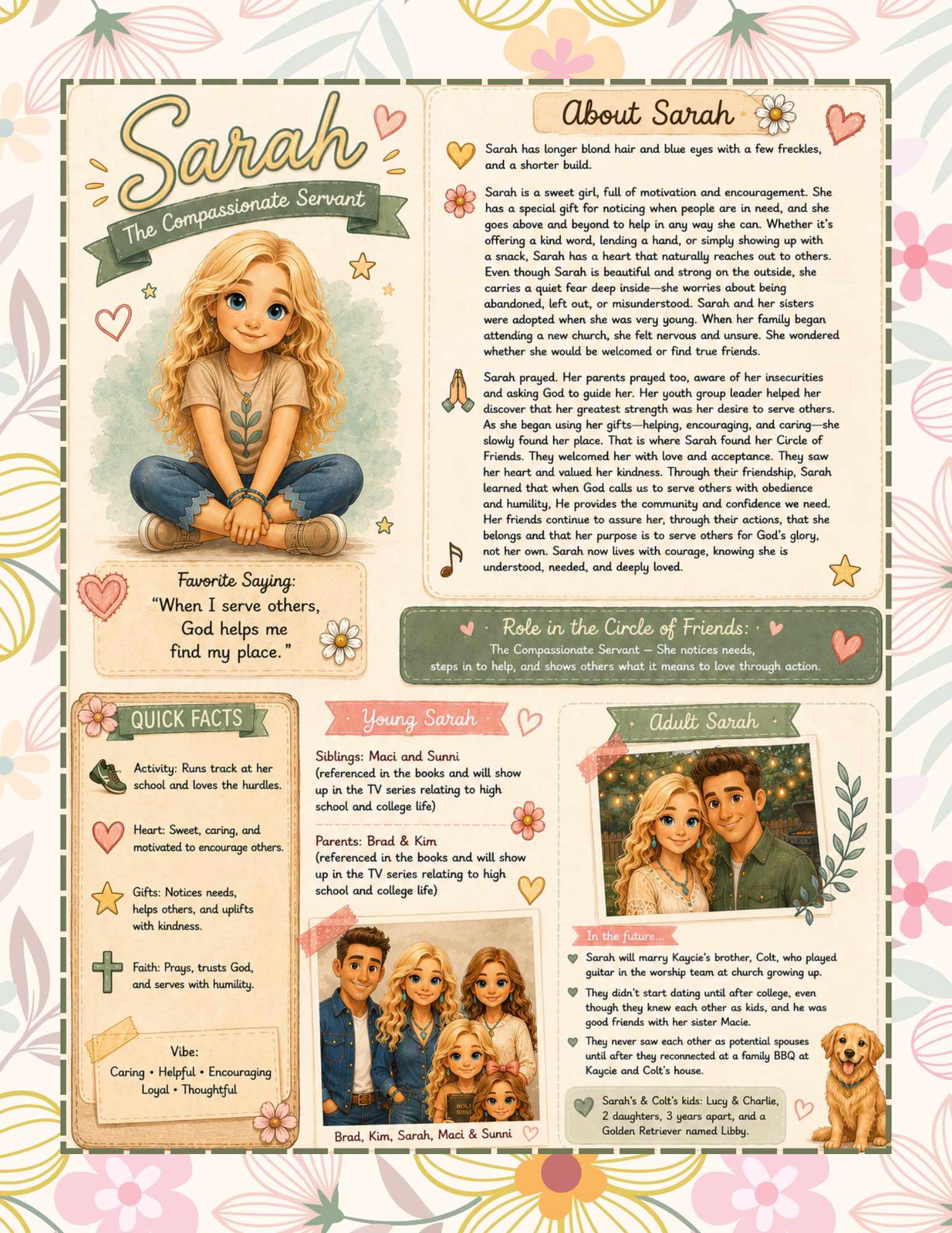A colorful illustrated family profile page with a character illustration of a young girl with blonde hair sitting cross-legged, wearing casual clothes, surrounded by decorative hearts and stars. To the right is detailed text about the girl named Sarah, her personality, background, and family, along with a photo of Sarah with a young man and a woman, and a small photo of a dog at the bottom right.