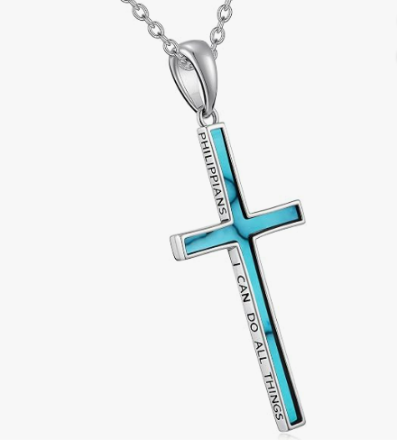 Silver cross necklace with blue enamel and an inscription that reads 'Philippians 4:13 I can do all things'