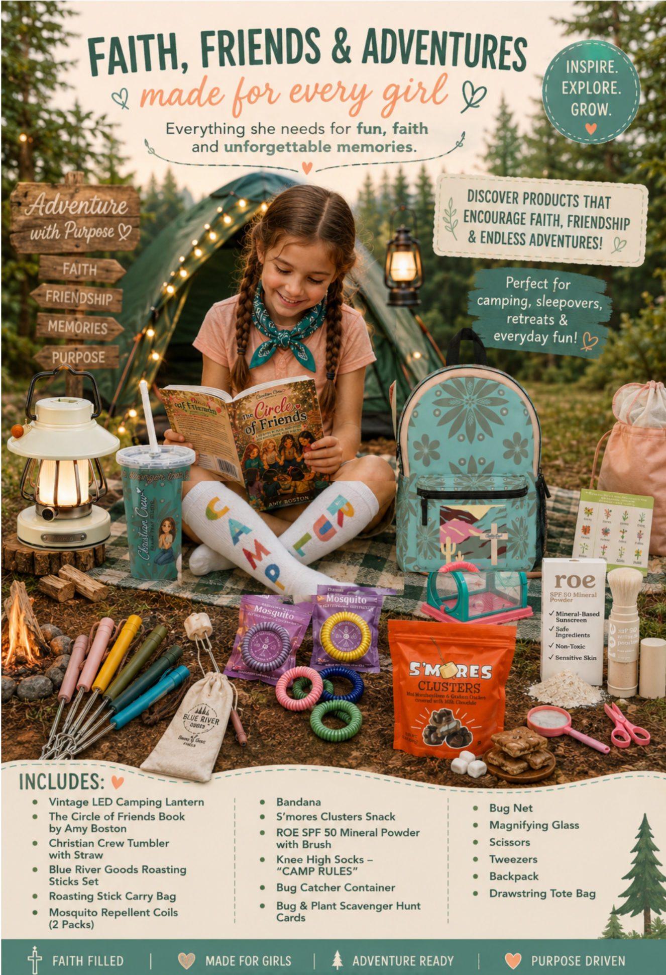 A young girl sitting outdoors at a camping site, reading a book titled "The Circle of Friends" with camping gear and supplies around her, including a lantern, backpack, and various outdoor accessories, with trees and a tent in the background.