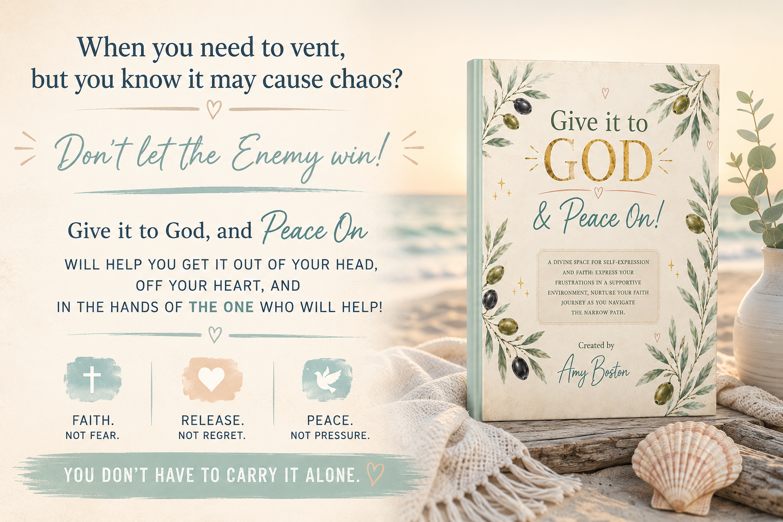 A pastel-colored beach scene with a book titled 'Give it to God & Peace On!' beside seashells and a plant in a pot. The background features the ocean and sky at sunset.