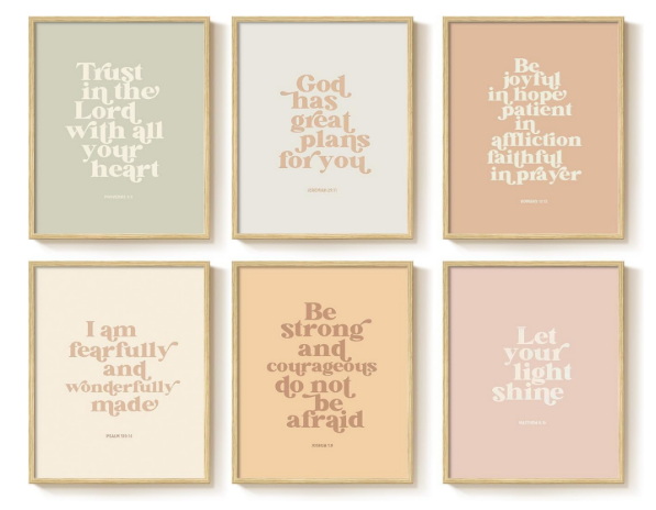 Six framed motivational quote prints arranged in two rows, with soft pastel backgrounds and white or beige text.