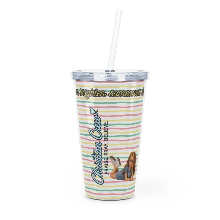 A travel tumbler with a straw, decorated with colorful stripes, and the name Christian Crunch along with the words praise, pray, believe, and an image of a woman lying down.