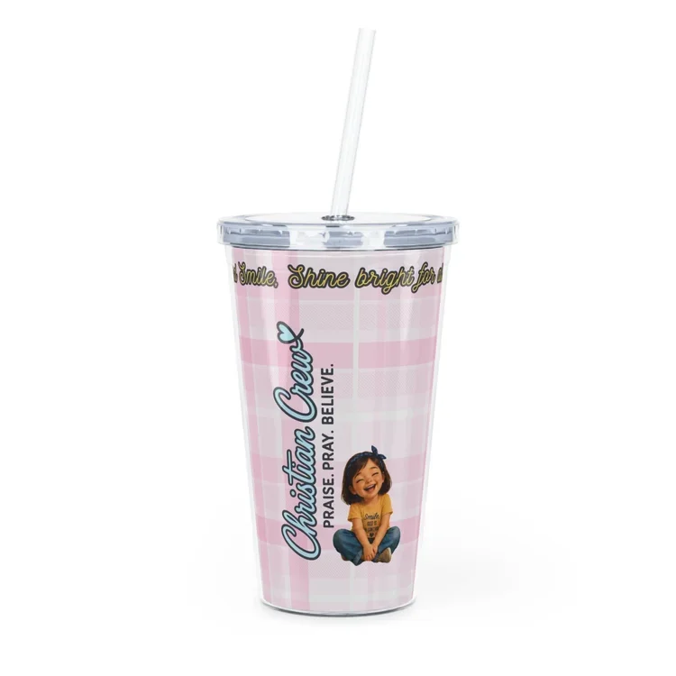 Pink and white checkered tumbler with a straw, featuring a photo of a smiling girl and text that reads 'Christian Cheer' and 'Praise, Pray, Believe.'