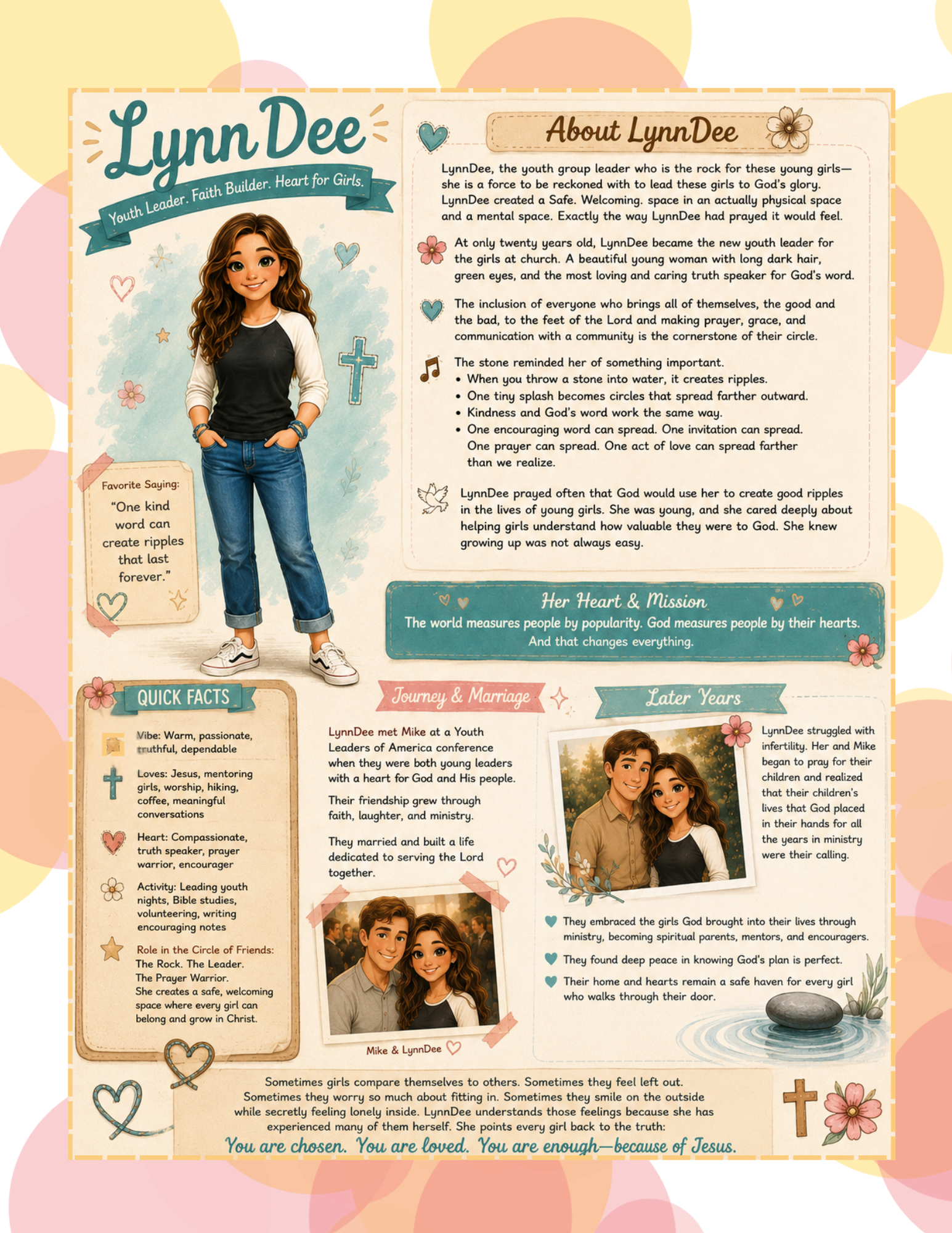 A colorful illustrated poster about LynnDee, a young girl and youth leader, featuring her photo, decorative hearts, flowers, cross, and a quote about kindness. The poster includes biographical information, her faith journey, quick facts, and inspirational messages for girls.
