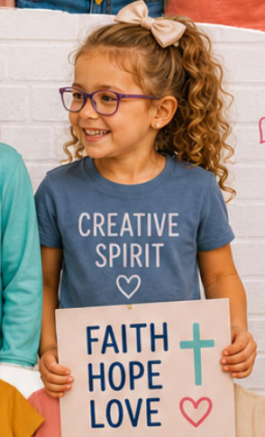 A young girl with curly hair, wearing glasses and a blue shirt that says 'CREATIVE SPIRIT,' smiling while holding a sign that reads 'FAITH HOPE LOVE' with a cross and heart symbols.
