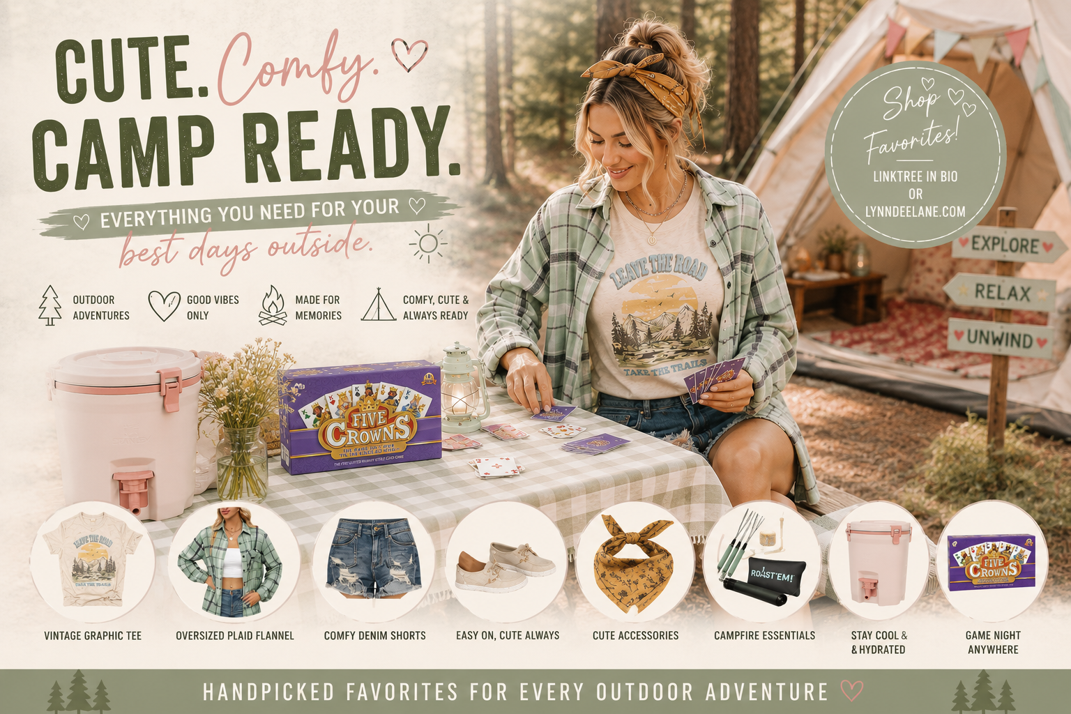 A woman sitting at a table outside a camping tent, playing cards with a slogan promoting outdoor accessories. Items include a vintage graphic tee, oversized plaid flannel, denim shorts, sneakers, bandanas, campfire essentials, a cooler, and a game of Five Crowns. The setting is a forested area with decorative signs and camping gear, emphasizing an outdoor adventure theme.