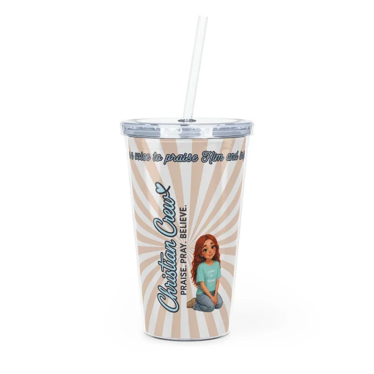A Jesus-themed reusable cup with a straw, featuring an illustration of a girl with red hair and text that reads "Christan Cherry Praising, Pray, Believe!" and decorative sunburst background.