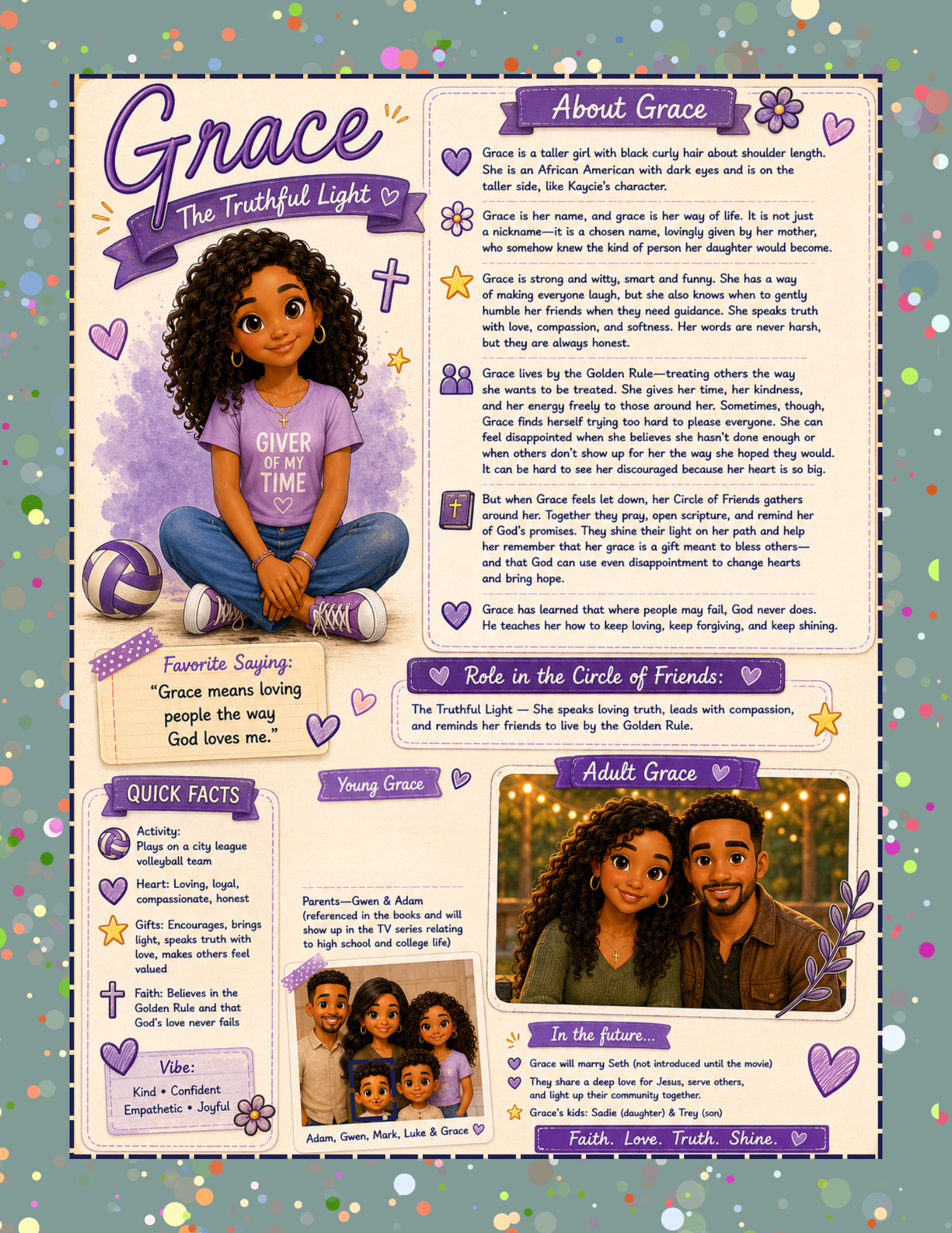 A colorful illustrated profile page about a girl named Grace. It features an animated illustration of Grace sitting cross-legged with curly hair, wearing a purple T-shirt that says "Giver of my time," and a volleyball beside her. The page includes sections with information about Grace's personality, favorite sayings, role in her group of friends, and future aspirations, all decorated with purple hearts, stars, flowers, and handwritten-style text.