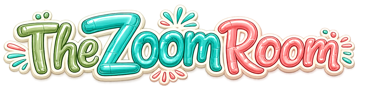 Colorful inflatable lettering spelling "The Zoom Room" with decorative accents around each word.