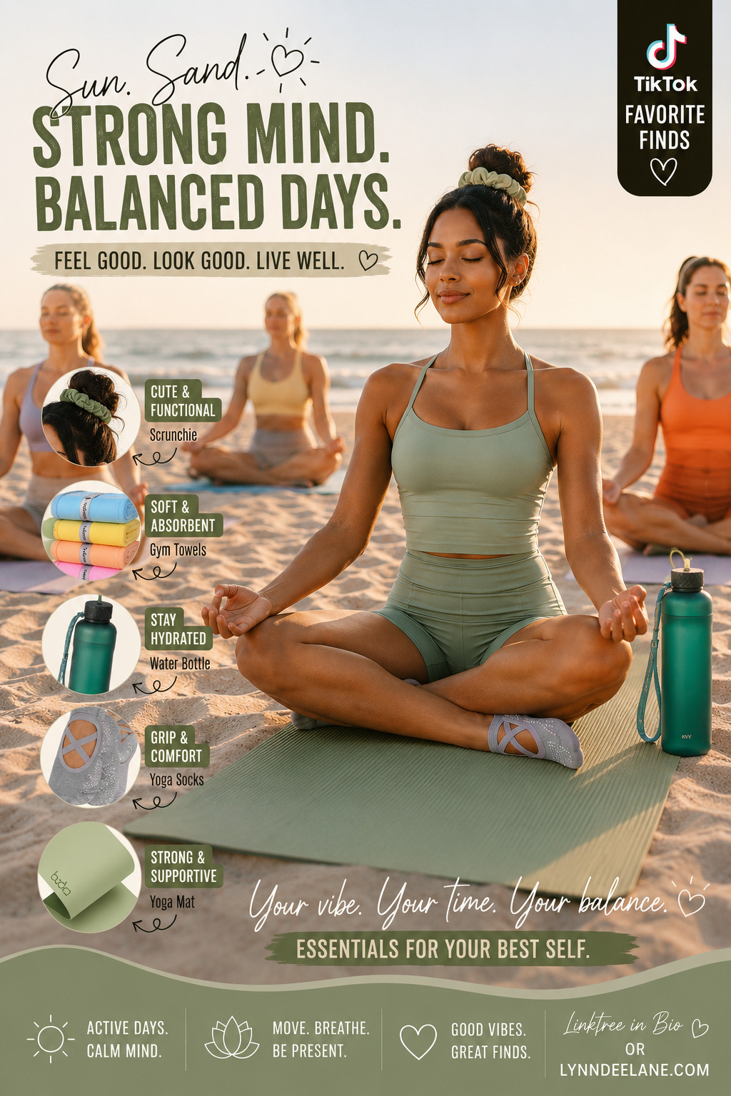 A group of women practicing yoga on the beach during sunset, with one woman in focus sitting cross-legged, meditating, and surrounded by yoga accessories including a mat, water bottle, yoga socks, and towels.
