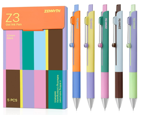 A set of six colorful gel ink pens arranged in a row next to a pack of five pastel-colored sticky notes with a label indicating black ink and 0.5mm tip.