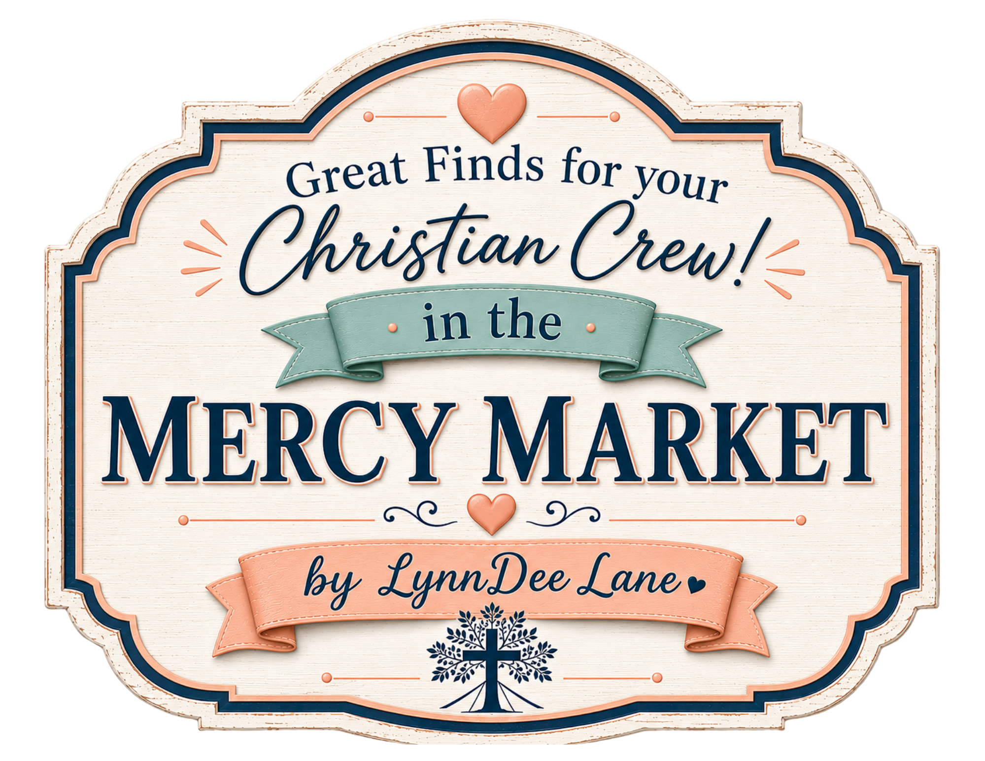 Sign for Mercy Market with text and decorative elements, including a heart and a ribbon banner, in pastel colors.