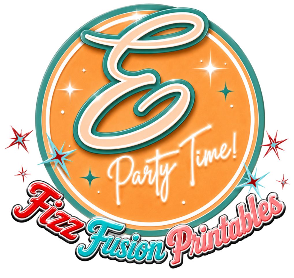 A circular neon sign with the words 'E Party Time!' written in cursive. Below, it says 'Fiz Fushion Printables' in colorful bold text. The sign is decorated with sparkling stars and a retro glow.