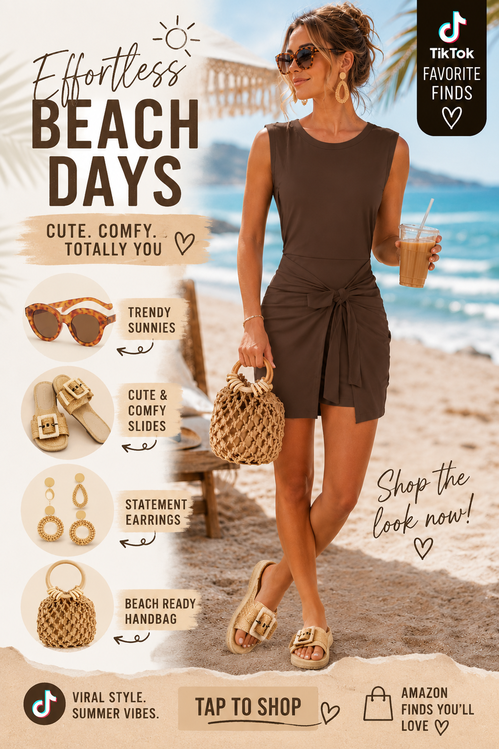A woman standing on the beach with sunglasses, a brown sleeveless dress, and sandals, holding a coffee drink and a woven bag. The image promotes summer fashion and beach accessories, highlighting trendy sunglasses, cute slides, statement earrings, and beach-ready handbags.