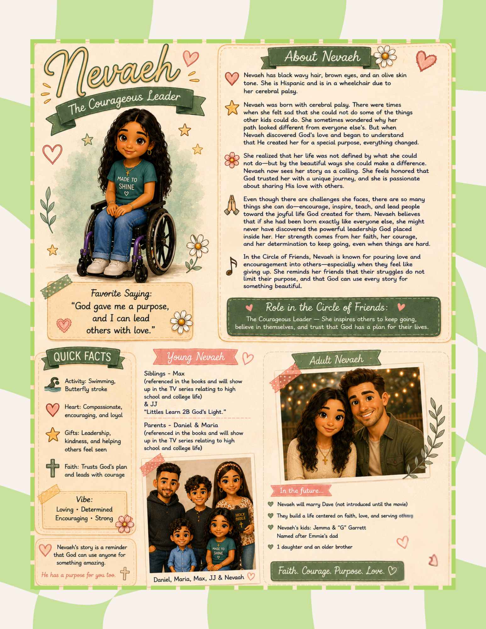 A colorful infographic celebrating Nevaeh, a girl in a wheelchair. It includes her story, personality traits, favorite sayings, quick facts, and photos of her with family and friends. The design features hearts, stars, flowers, and green borders.