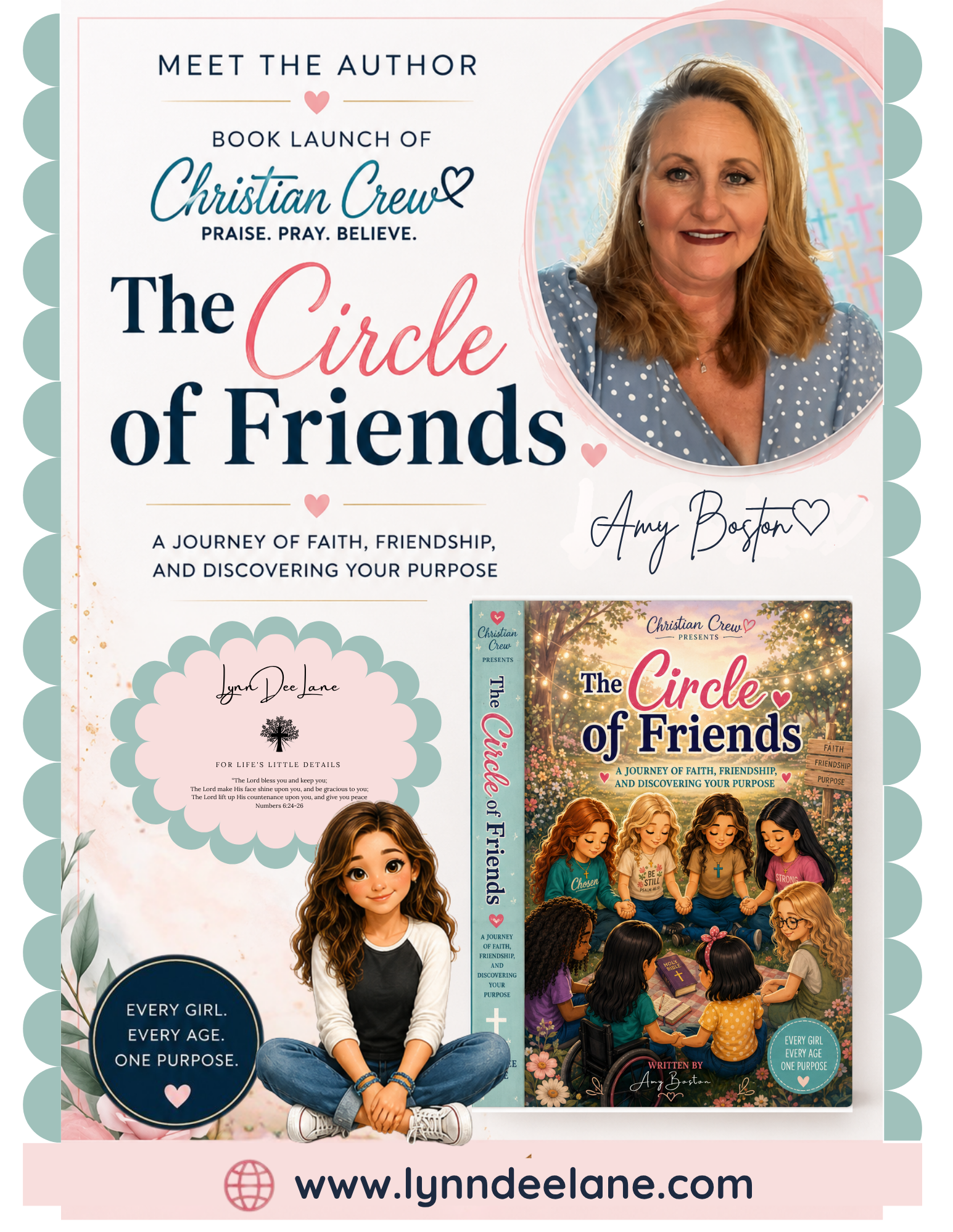 Promotional image for the book titled "The Circle of Friends" by Amy Boston, featuring a smiling woman with blonde hair, and a group of diverse young girls sitting together outdoors reading and praying. The design includes pink hearts, floral and nature motifs, and emphasizes faith, friendship, and discovering purpose.
