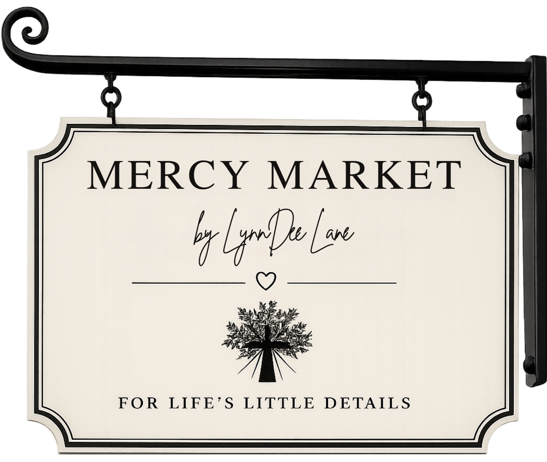 A sign for Mercy Market featuring a black metal frame, black and white design, and a small drawing of a tree with roots underneath, with the slogan "For Life's Little Details."