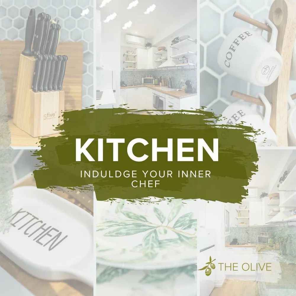 Experience modern Greek living in our renovated kitchen at The Olive. Sleek design meets functionality with state-of-the-art appliances and chic decor. Prepare delicious meals and savor them at the elegant dining table. Your culinary journey begins h
