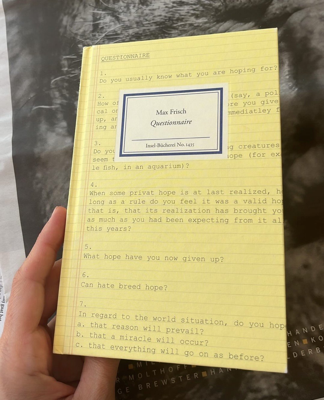 Max Frisch&rsquo;s famous questionnaire stems from the Diary 1966-1971, and each questionnaire covers a subject, such as marriage, women, humour, money, friendship, fatherhood, home &ndash; and DEATH. The answers are left to the reader&rsquo;s imagin