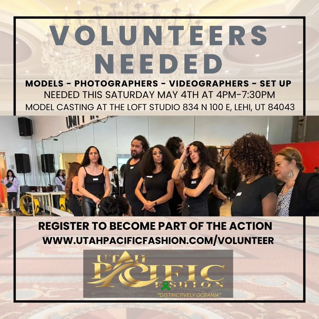 Volunteers Needed 

Models- Photographers-Videographers-Set Up
Needed this Saturday May 4th at 4pm-7:30pm during the model casting at the Loft Studio. 

Register to become part of the action: https://www.utahpacificfashion.com/volunteer

#Volunteer #