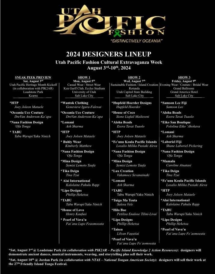 We are excited to announce the 2024 Designers Lineup. Utah Pacific Fashion Cultural Extraganze Week. August 3rd -10th. 2024.