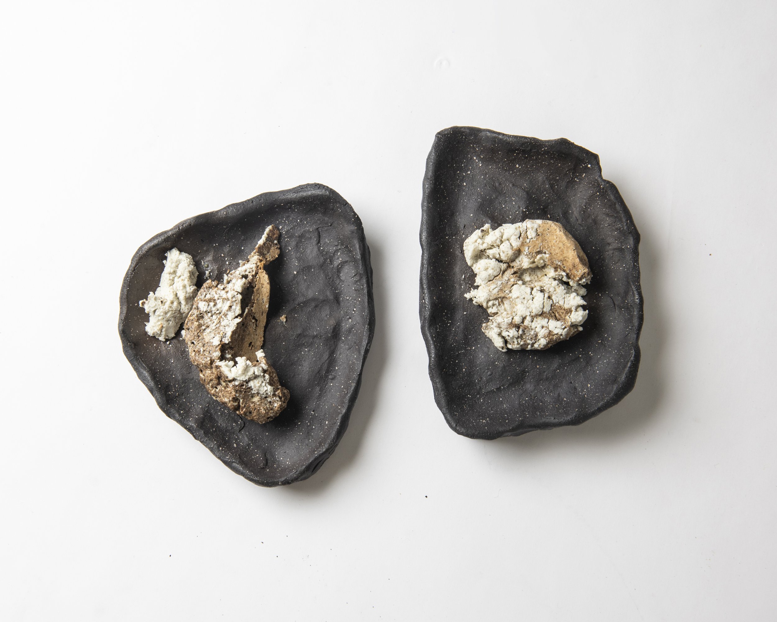Portal remnants VII and VIII, 2025, stoneware ceramics: ball clay, silica, bentonite trugel, potash feldspar, ash, eggshells, dark grogged commercial ceramic, 15 x 13 x 2cm and 16 x 11 x 2cm. 