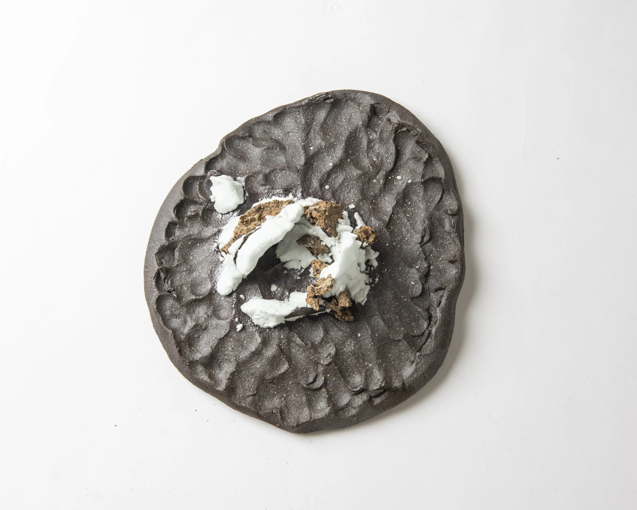 Portal remnants II, 2025, stoneware ceramics: ball clay, silica, potash feldspar, eggshells, ash, dark grogged commercial ceramic, 21 x 20 x 5.5cm.  