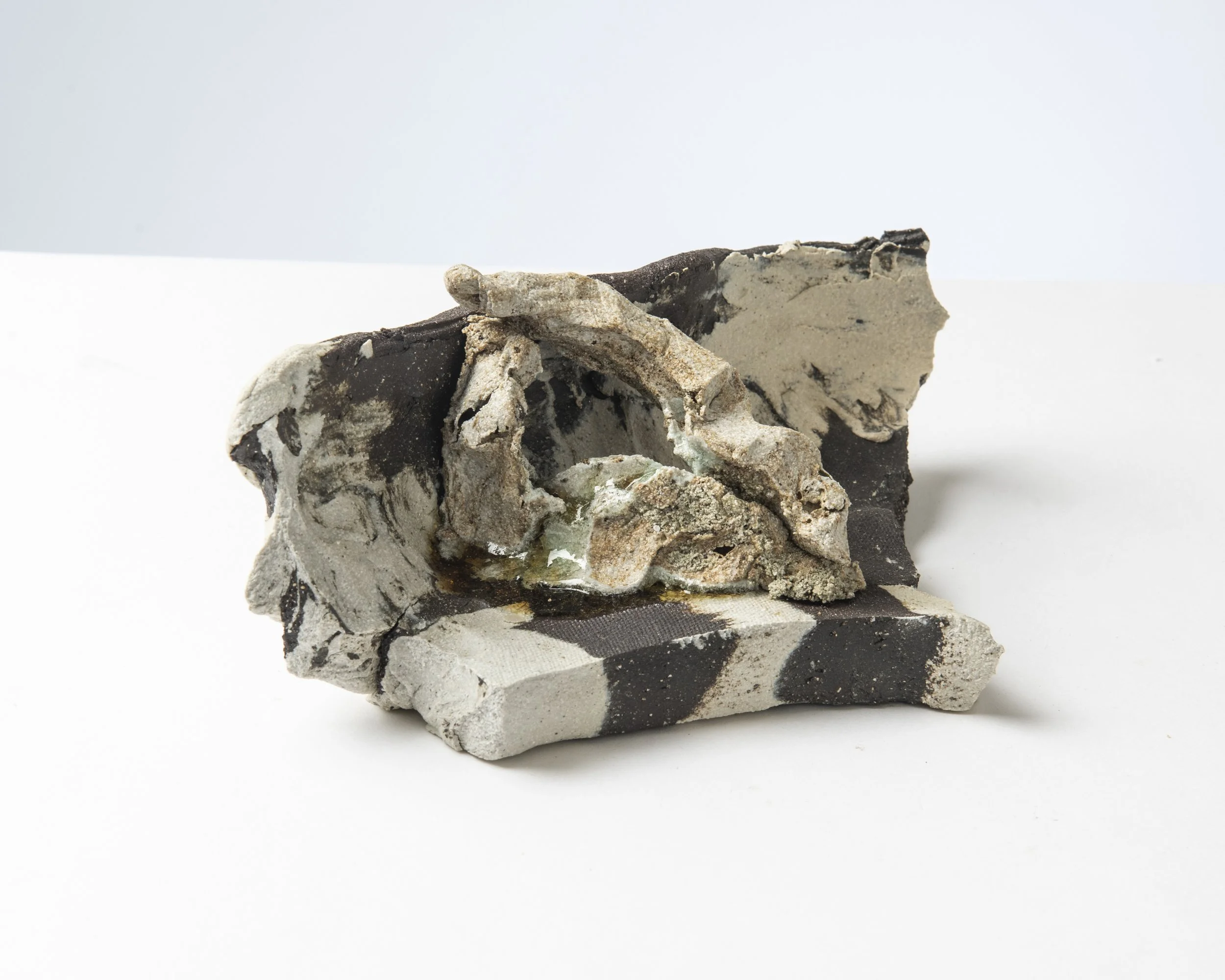 Portal meltings V, 2025, commercial white raku, dark grogged commercial ceramic, stoneware ceramics: ball clay, bentonite trugel, ash, glass, 7 x 19.5 x 19cm. 