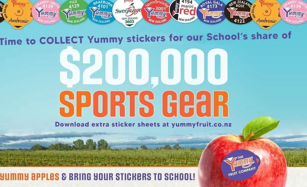 🍎🍏Yummy Stickers Campaign 

Mount Maunganui Playcentre has the opportunity to receive a share of $200,000 of sports equipment! 

Please collect a sheet from the kitchen and fill it with stickers (or barcodes off bags) from your 'Yummy' branded frui