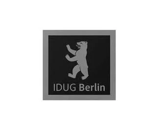 Logo mit einem Bären und der Aufschrift "IDUG Berlin" auf schwarzem Hintergrund.