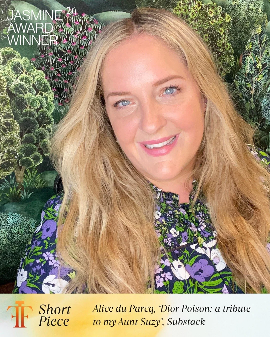 The winner of the Short Piece category, Jasmine Award 2026, is&hellip;
@aliceduparcq for her piece 'Dior Poison: a tribute to my Aunt Suzy' on Substack. Congratulations! 

#JasmineAwards #FragranceJournalism #BeautyJournalism #Fragrance