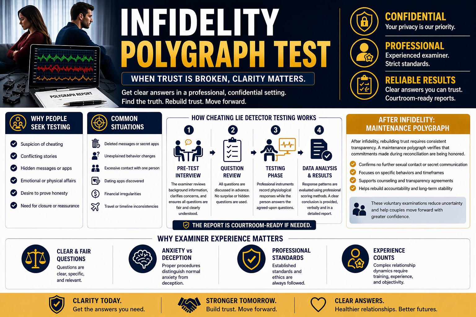 Confidential infidelity polygraph test in Charlotte NC conducted by Kimbrough Consulting for relationship trust and cheating concerns.