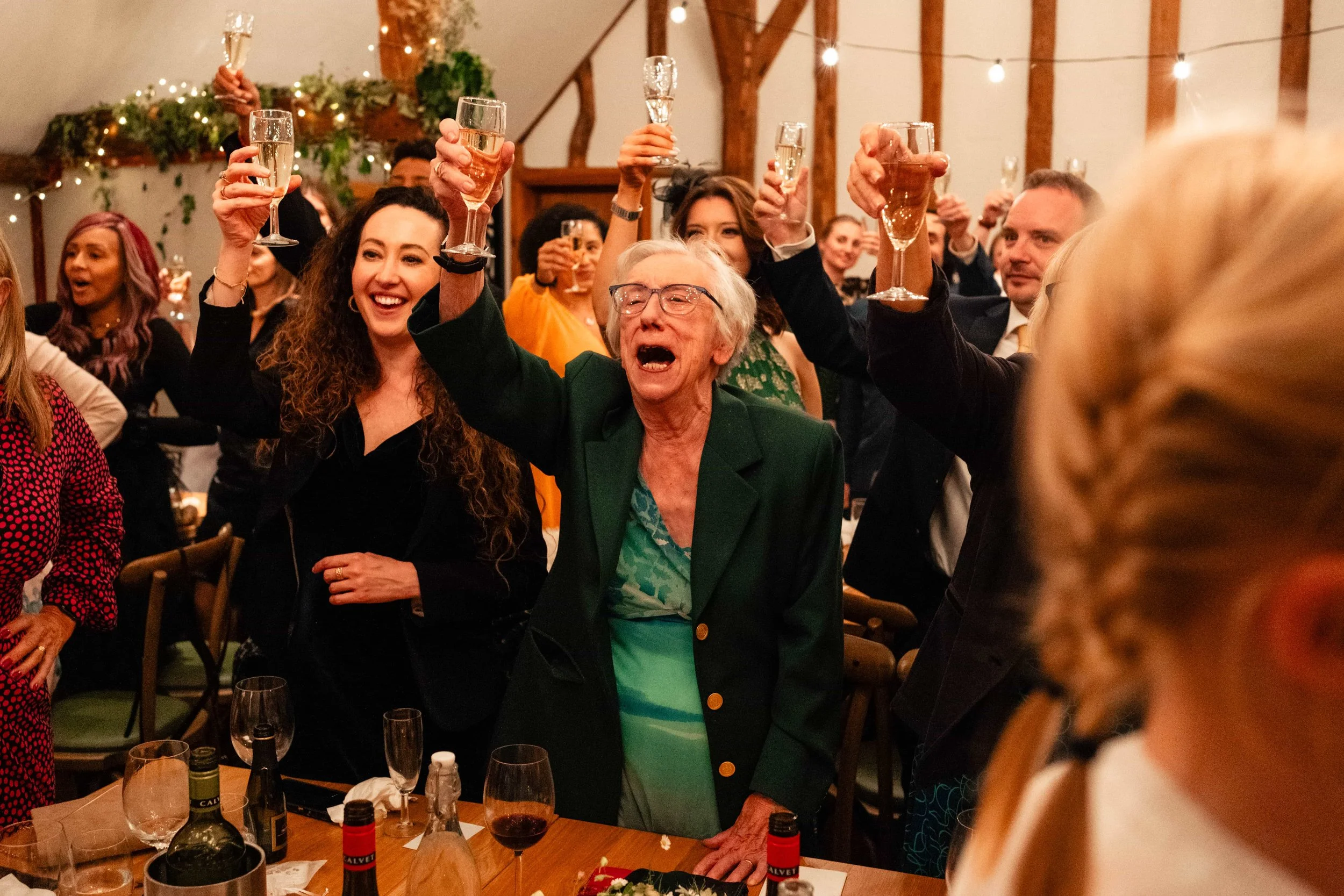 People raising glasses in a toast at a festive gathering, with joyful expressions and decorated venue with string lights and greenery.