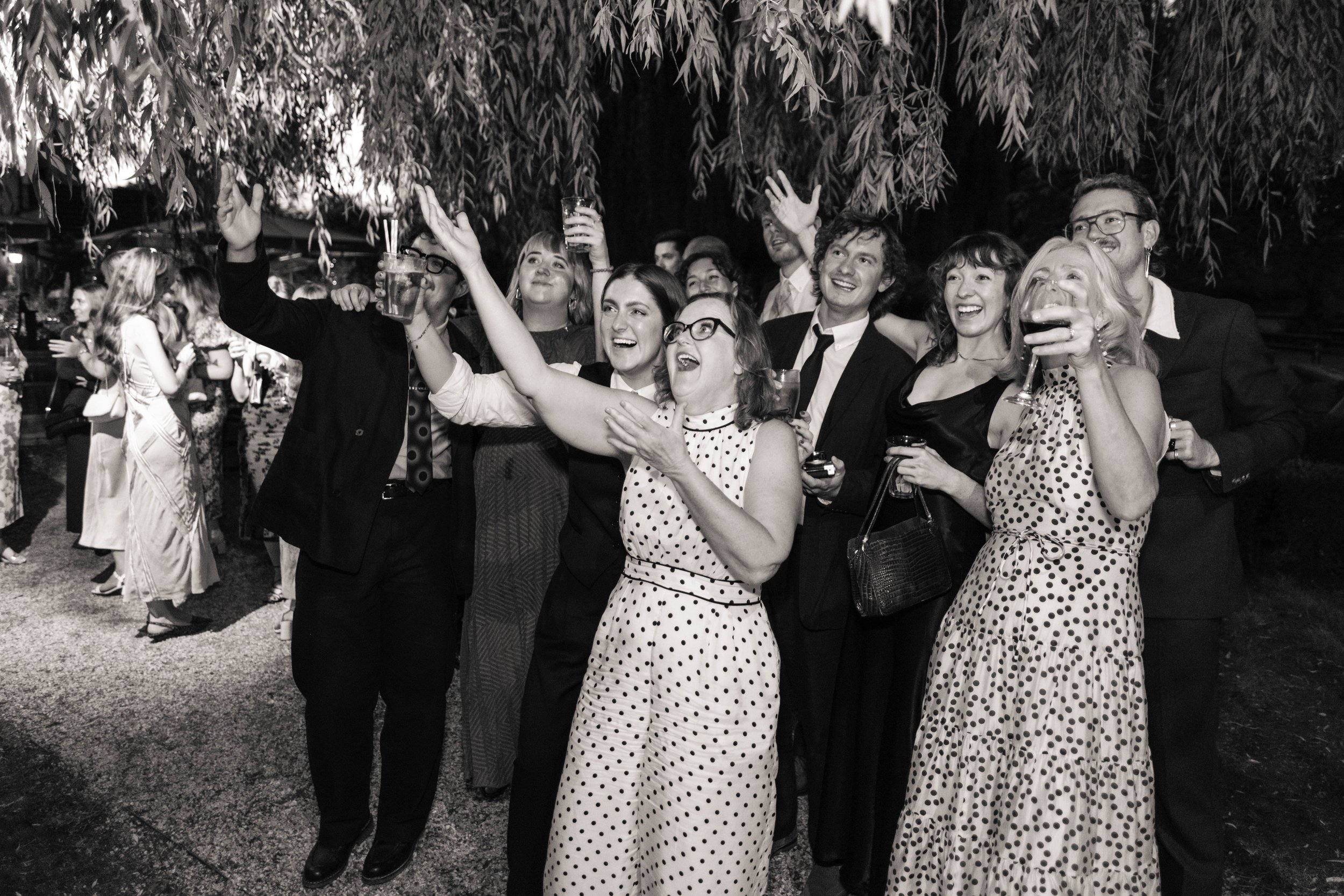 A group of people at a party, smiling and raising drinks in a toast outdoors at night under trees.