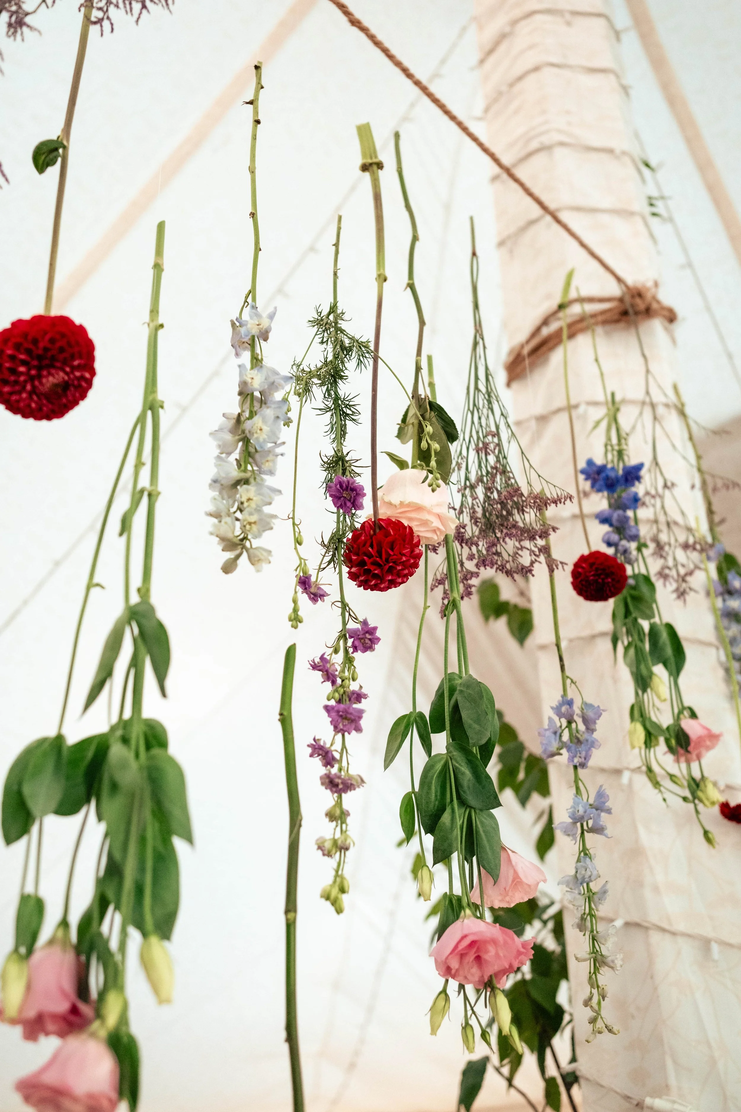 Hanging flower arrangement with various colorful flowers and green leaves, suspended from a structure against a light background.