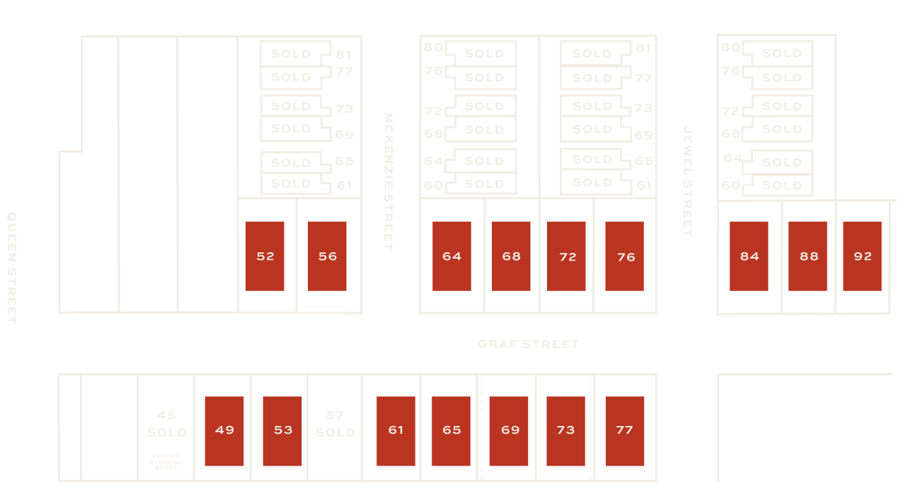 Black-and-white property site plan showing sold and available units along Queen Street, McKenzie Street, Jewel Street, and Graf Street.
