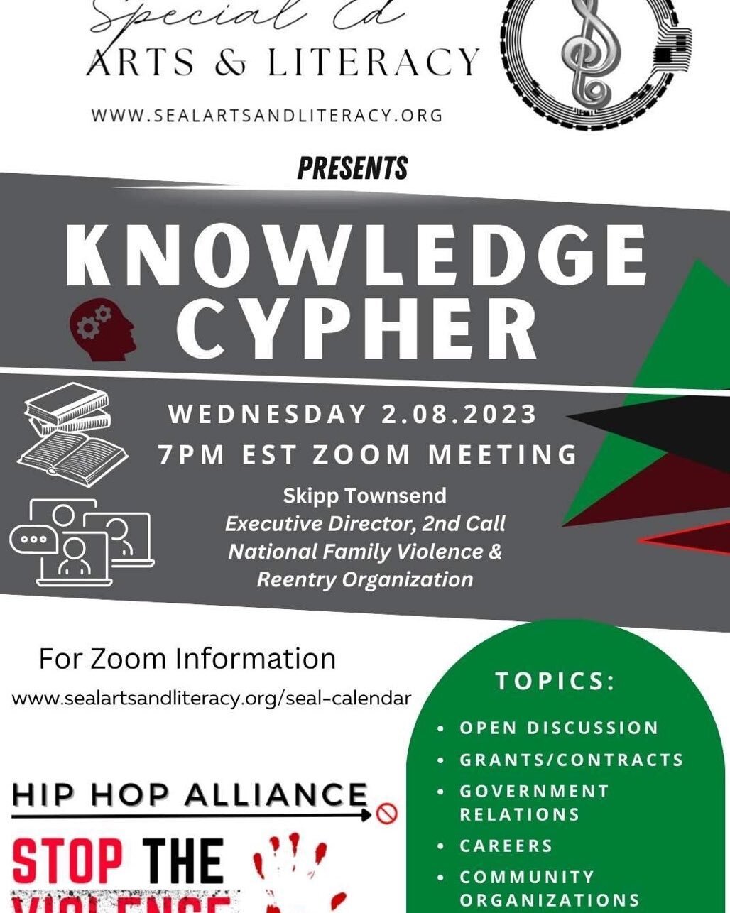 Don&rsquo;t forget !!! TODAY @ 7PM. Zoom Knowledge Cypher
Skipp Townsend
#governmentcontracts 
#governmentgrants 
#careers
#communityoutreach 
#SEAL
#HHA
#stoptheviolence

Join Zoom Meeting

https://us06web.zoom.us/j/85050843219?pwd=Q05PUlBPSmcxVDd1V
